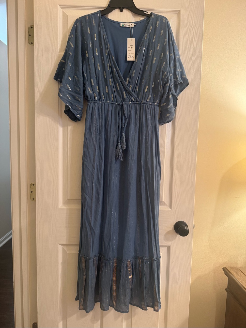 Light Blue Metallic-Accent Maxi Dress with Tassel Waist